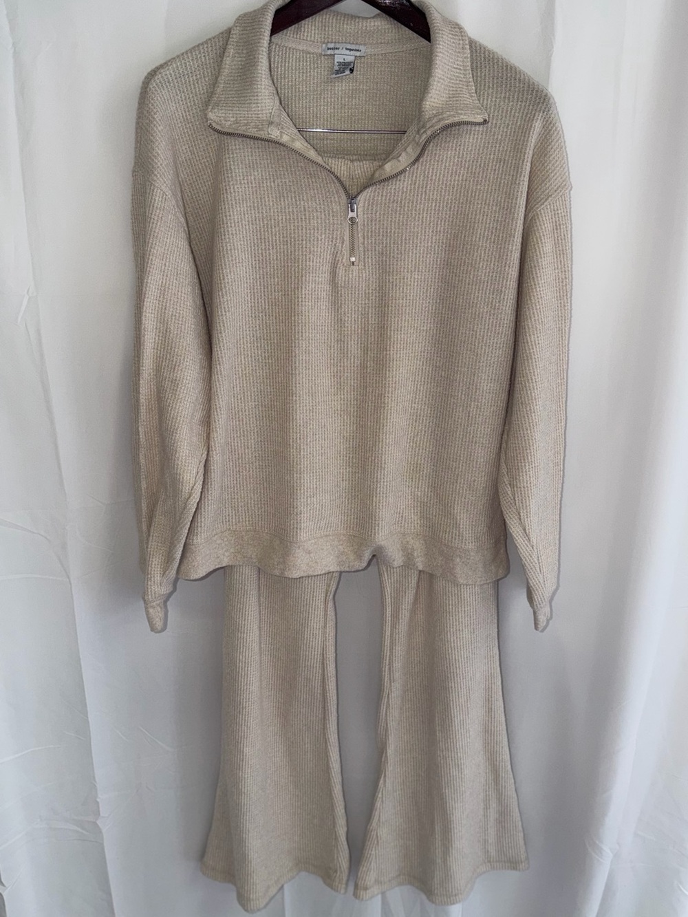 Women's Two-Piece Knit Pantsuit with Half-Zip Top - Cream